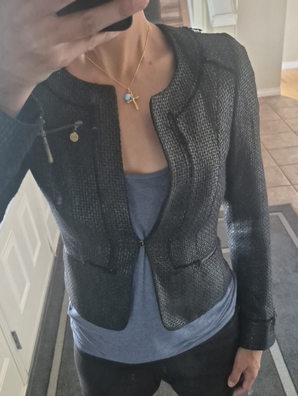 Mexx Black Textured Cropped Tweed Jacket